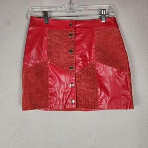 Forever 21‎ Skirt Womens 28 Red Leather Patchwork Snap Button Front Mini Lined